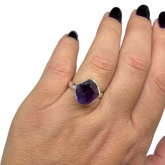 Raw Rough Amethyst Ring Size 7 Solid 925 Sterling Silver Natural Stone Purple - Picture 3 of 7